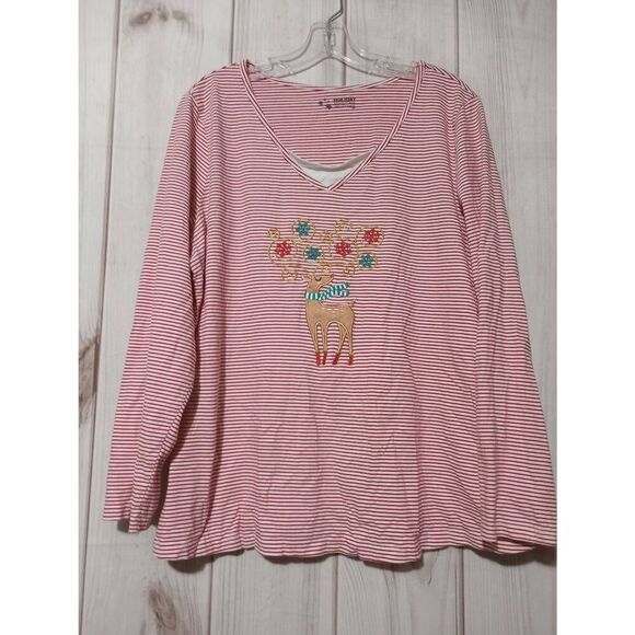 Holiday Editions Women's‎ Red Striped Long Sleeve Christmas Reindeer Top - Picture 1 of 7